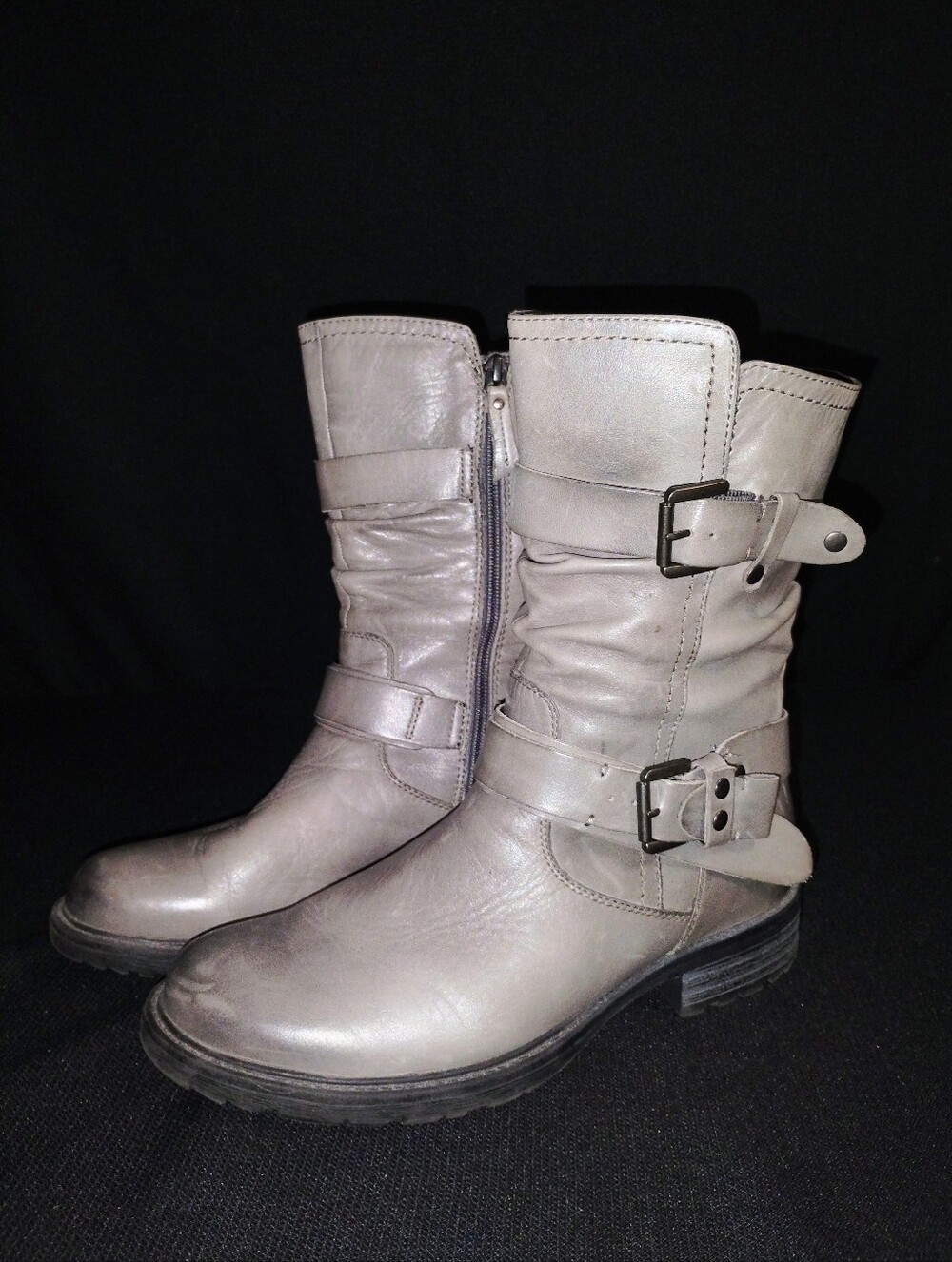 Earth Women Everwood Ash Gray Leather Buckle Moto Mid Calf Boots Sz 9.5B